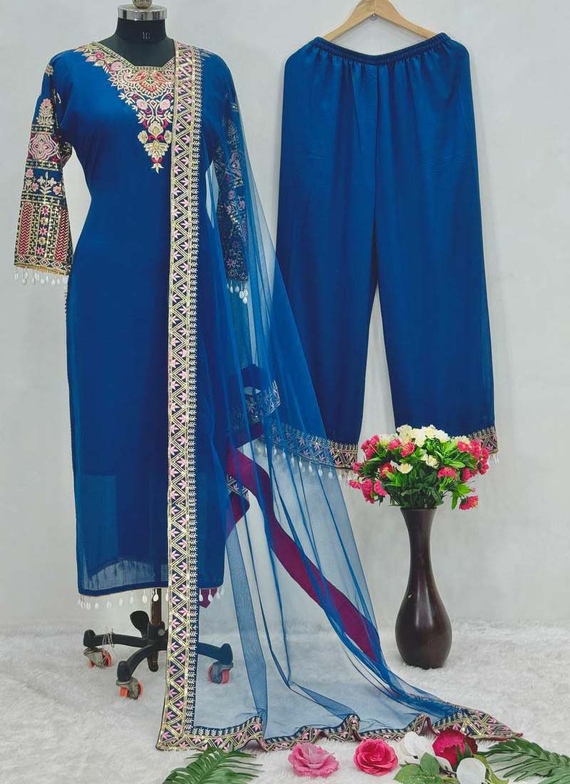 Prazu Fashion Royal Blue Vichitra Silk Embroidered Salwar Suit | Grocsy