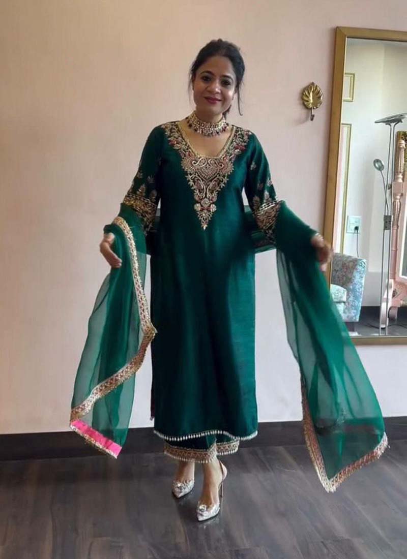 Prazu Fashion Green Vichitra Silk Embroidered Salwar Suit | Grocsy