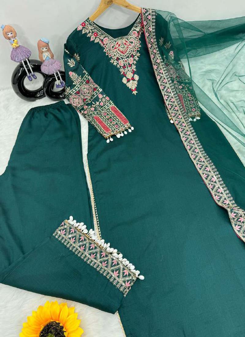 Prazu Fashion Green Vichitra Silk Embroidered Salwar Suit | Grocsy
