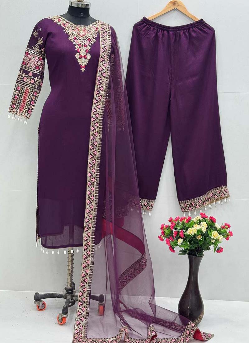 Prazu Fashion Violet Vichitra Silk Embroidered Salwar Suit | Grocsy