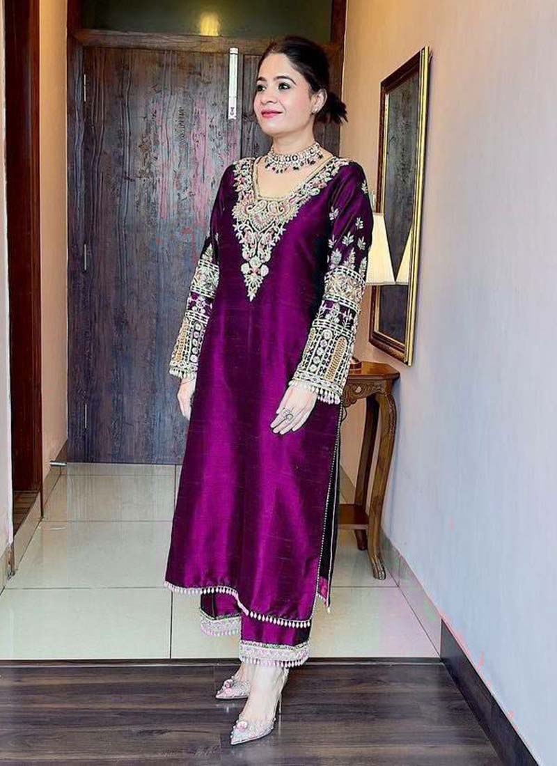 Prazu Fashion Violet Vichitra Silk Embroidered Salwar Suit | Grocsy