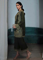 Prazu Fashion Mahendi Chinon Silk Embroidered Palazzo Suit | Grocsy