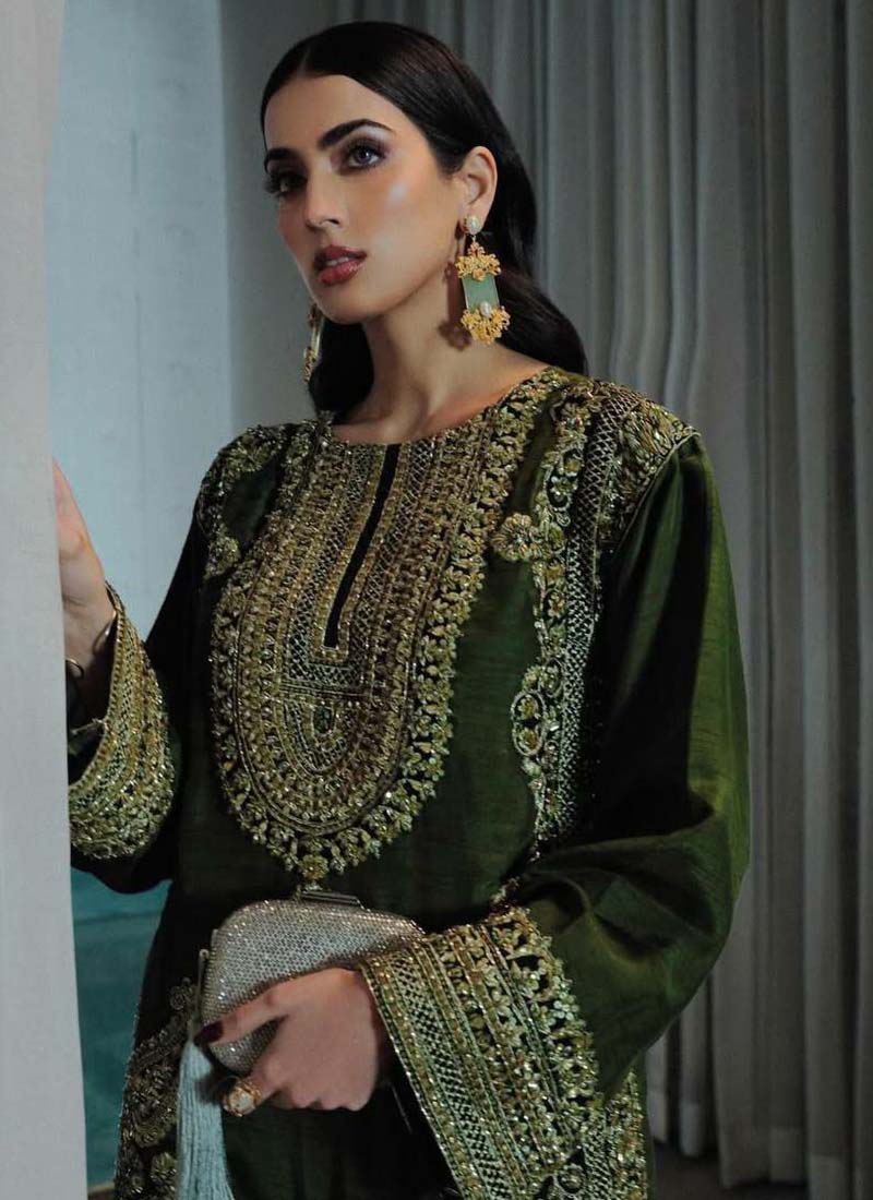 Prazu Fashion Mahendi Chinon Silk Embroidered Palazzo Suit | Grocsy