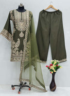 Prazu Fashion Mahendi Chinon Silk Embroidered Palazzo Suit | Grocsy