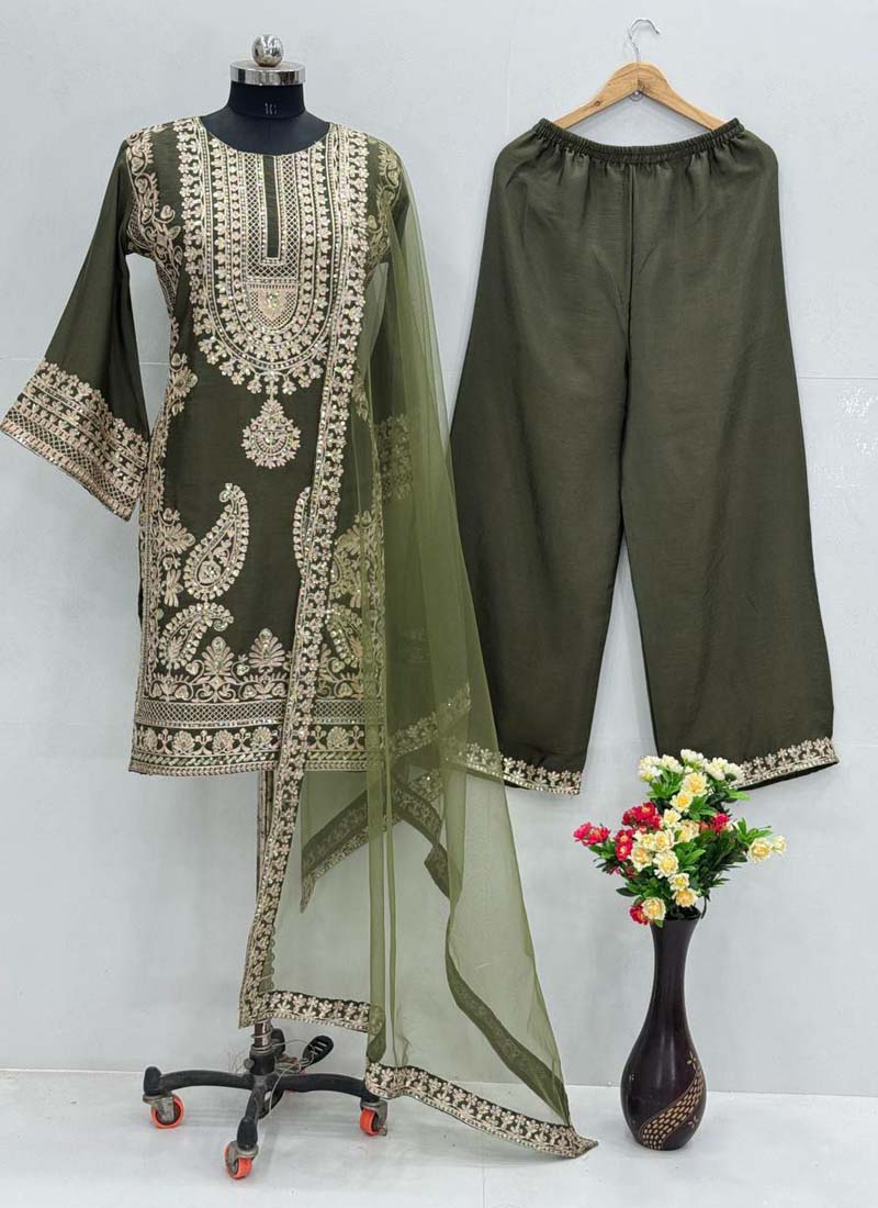 Prazu Fashion Mahendi Chinon Silk Embroidered Palazzo Suit | Grocsy