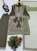 Prazu Fashion Mahendi Chinon Silk Embroidered Palazzo Suit | Grocsy