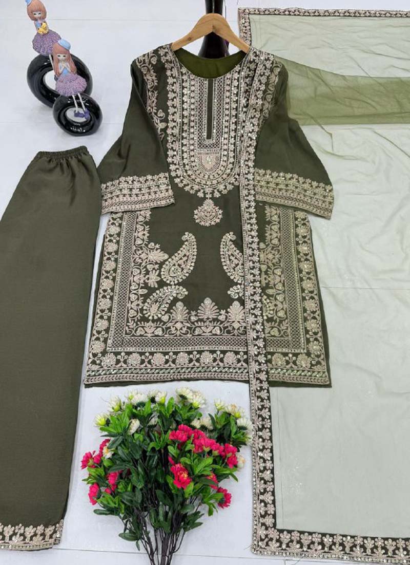 Prazu Fashion Mahendi Chinon Silk Embroidered Palazzo Suit | Grocsy