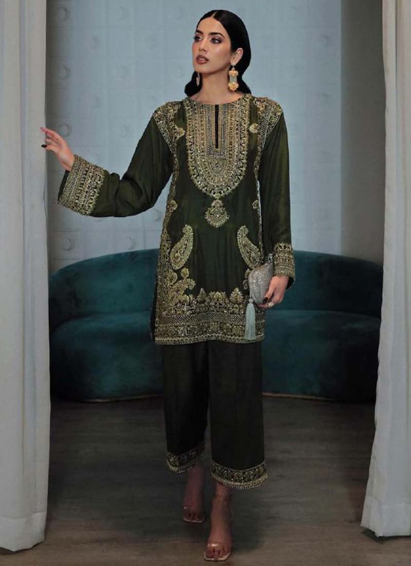 Prazu Fashion Mahendi Chinon Silk Embroidered Palazzo Suit | Grocsy