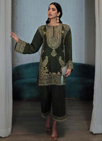 Prazu Fashion Mahendi Chinon Silk Embroidered Palazzo Suit | Grocsy