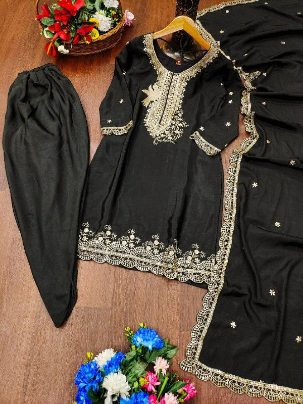 Prazu Fashion Black Chinon Silk Embroiderd Dhoti Suit | Grocsy
