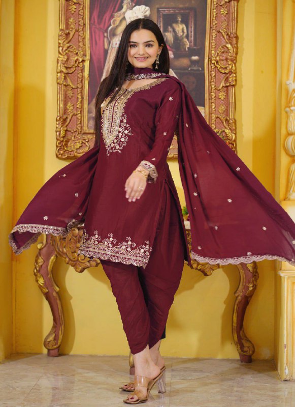 Prazu Fashion Maroon Chinon Silk Embroiderd Dhoti Suit | Grocsy