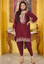 Prazu Fashion Maroon Chinon Silk Embroiderd Dhoti Suit | Grocsy