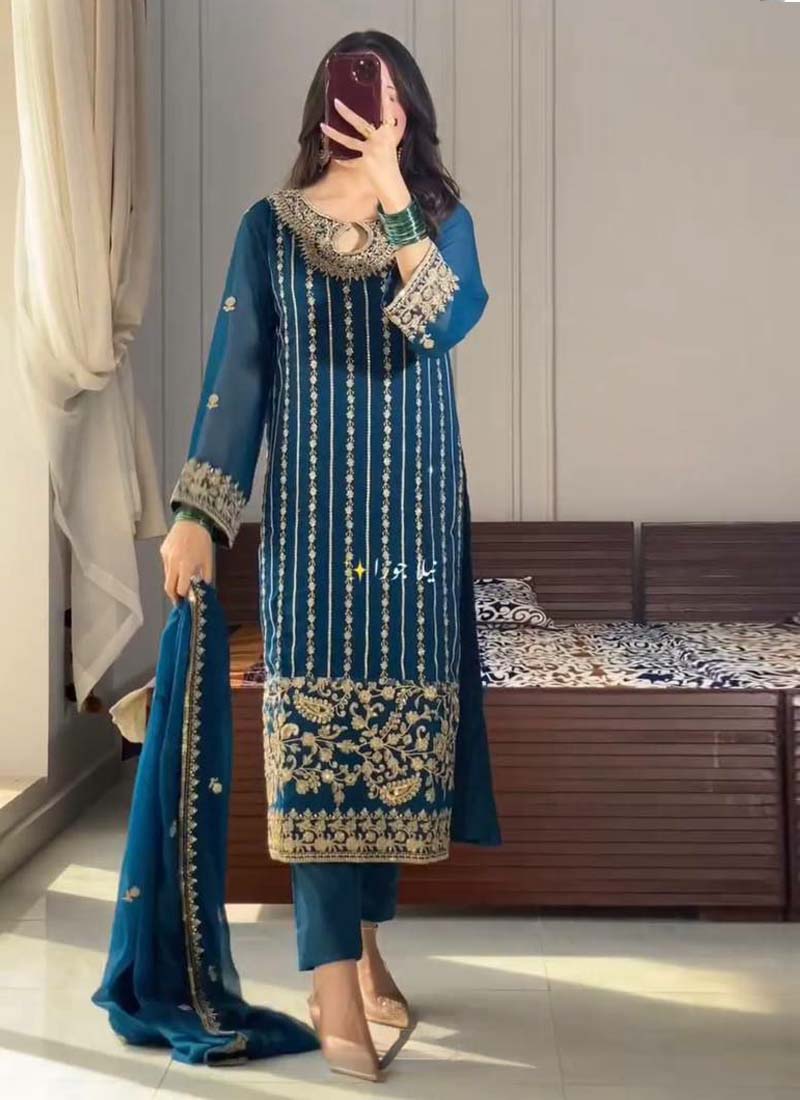 Prazu Fashion Firozi Chinon Silk Embroidered Salwar Suit | Grocsy