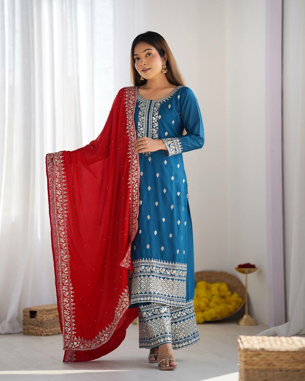 Prazu Fashion Firozi Chinon Silk Embroidered Salwar Suit | Grocsy