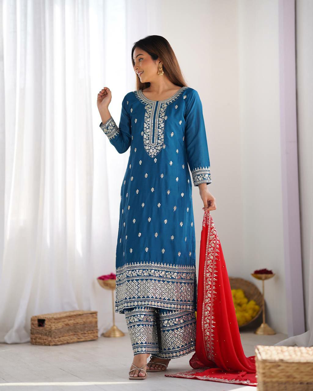 Prazu Fashion Firozi Chinon Silk Embroidered Salwar Suit | Grocsy