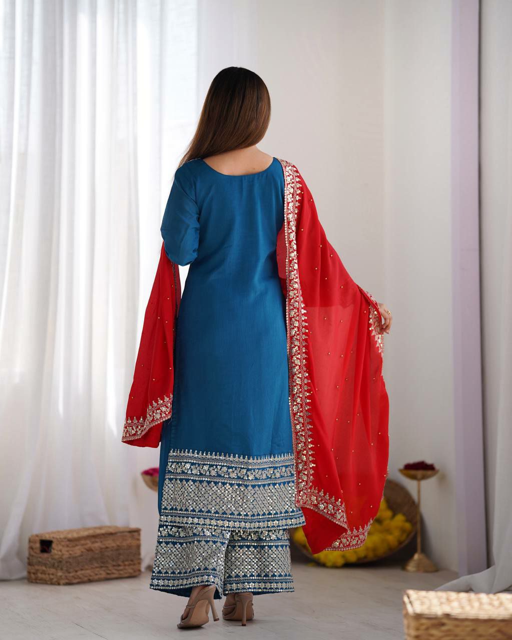 Prazu Fashion Firozi Chinon Silk Embroidered Salwar Suit | Grocsy
