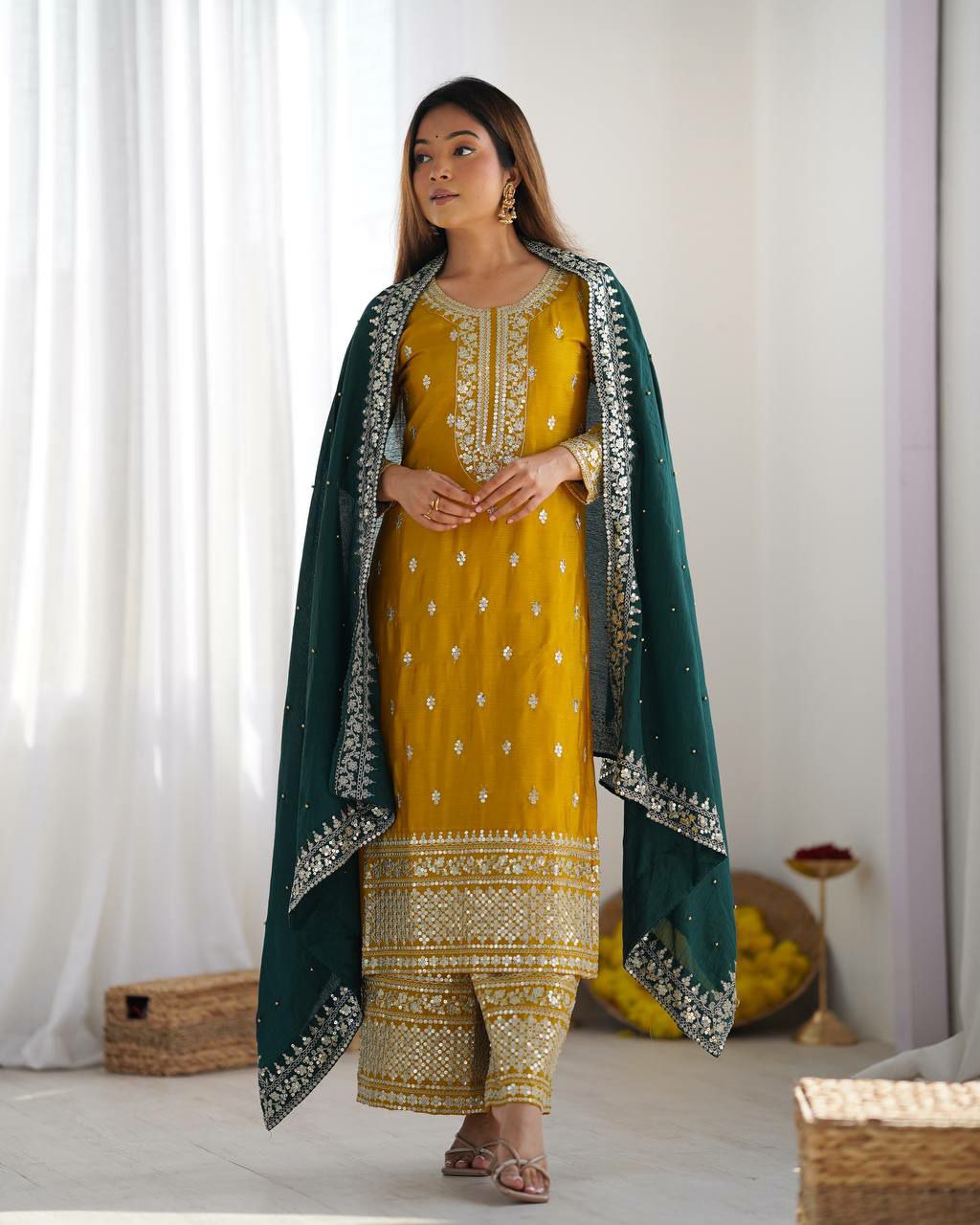 Prazu Fashion Yellow Chinon Silk Embroidered Salwar Suit | Grocsy