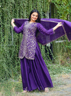 Prazu Fashion Violet Chinon Silk Embroidered Sharara Suit | Grocsy
