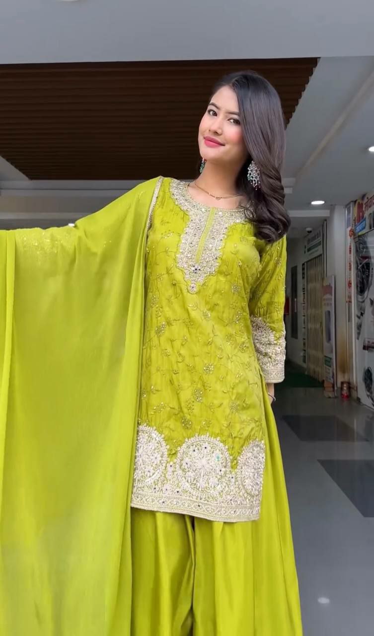 Prazu Fashion Lime Yellow Chinon Silk Embroidered Palazzo Suit | Grocsy