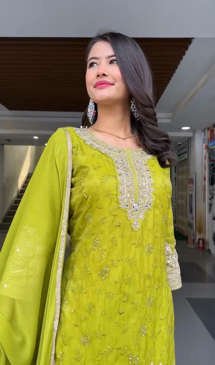 Prazu Fashion Lime Yellow Chinon Silk Embroidered Palazzo Suit | Grocsy