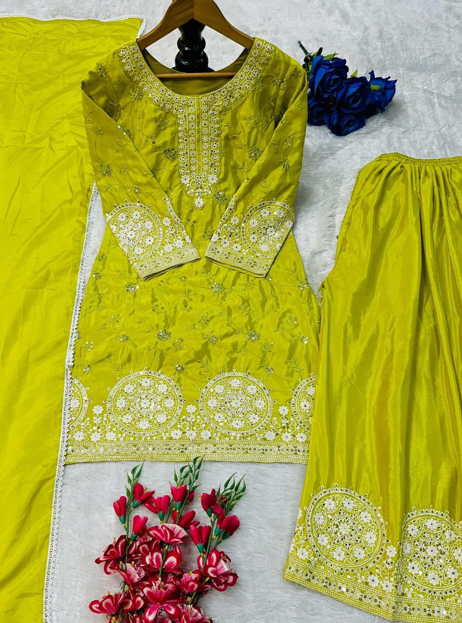 Prazu Fashion Lime Yellow Chinon Silk Embroidered Palazzo Suit | Grocsy