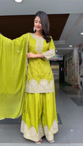 Prazu Fashion Lime Yellow Chinon Silk Embroidered Palazzo Suit | Grocsy