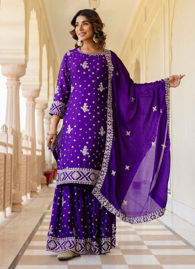 Prazu Fashion Violet Chinon Silk Sequence Sharara Suit | Grocsy