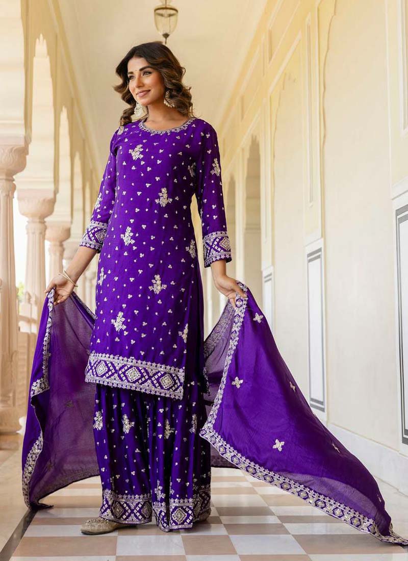 Prazu Fashion Violet Chinon Silk Sequence Sharara Suit | Grocsy