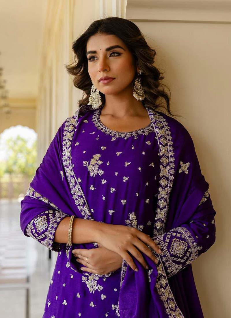 Prazu Fashion Violet Chinon Silk Sequence Sharara Suit | Grocsy