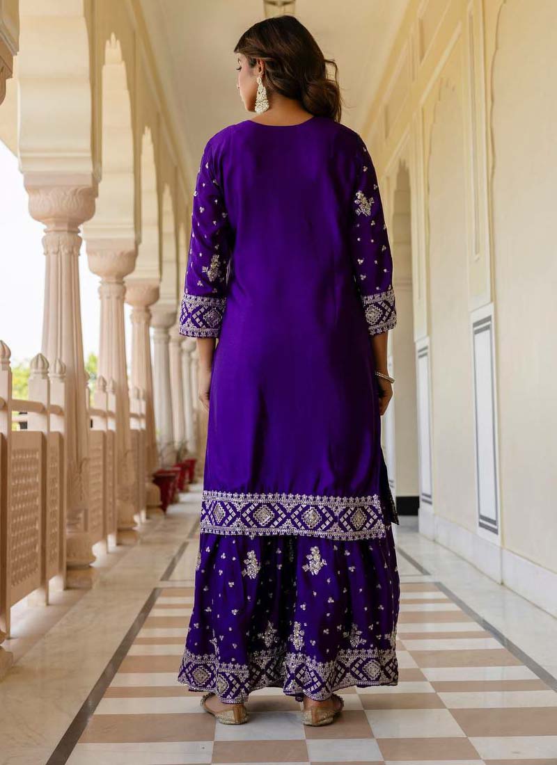 Prazu Fashion Violet Chinon Silk Sequence Sharara Suit | Grocsy