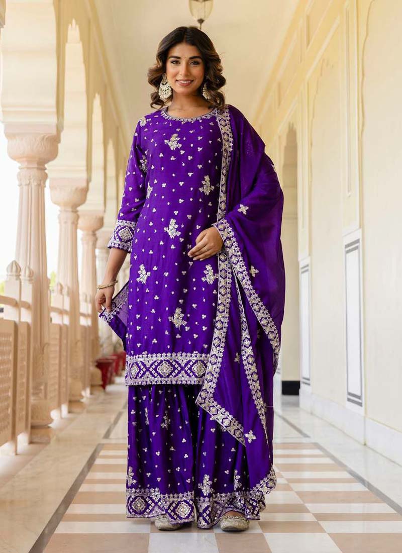 Prazu Fashion Violet Chinon Silk Sequence Sharara Suit | Grocsy