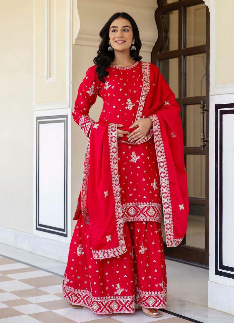 Prazu Fashion Red Chinon Silk Sequence Sharara Suit | Grocsy