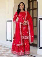 Prazu Fashion Red Chinon Silk Sequence Sharara Suit | Grocsy