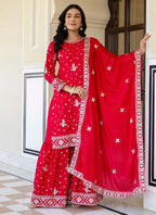 Prazu Fashion Red Chinon Silk Sequence Sharara Suit | Grocsy