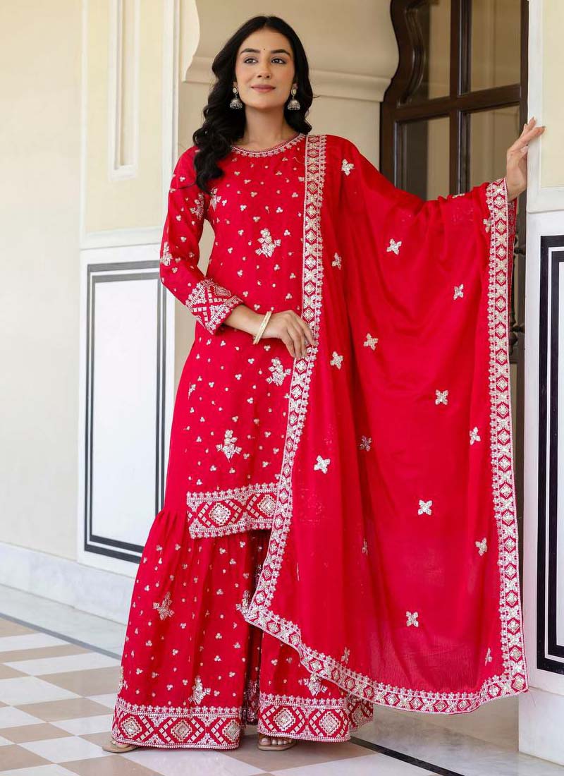 Prazu Fashion Red Chinon Silk Sequence Sharara Suit | Grocsy