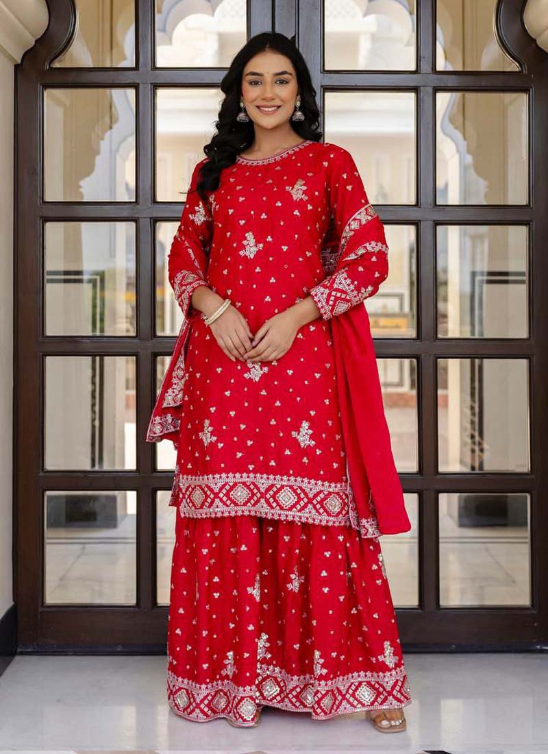 Prazu Fashion Red Chinon Silk Sequence Sharara Suit | Grocsy