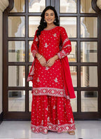 Prazu Fashion Red Chinon Silk Sequence Sharara Suit | Grocsy