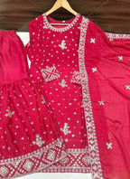 Prazu Fashion Red Chinon Silk Sequence Sharara Suit | Grocsy