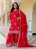 Prazu Fashion Red Chinon Silk Sequence Sharara Suit | Grocsy