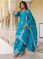 Prazu Fashion Teal Blue Chinon Silk Sequence Sharara Suit | Grocsy