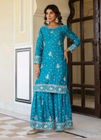 Prazu Fashion Teal Blue Chinon Silk Sequence Sharara Suit | Grocsy