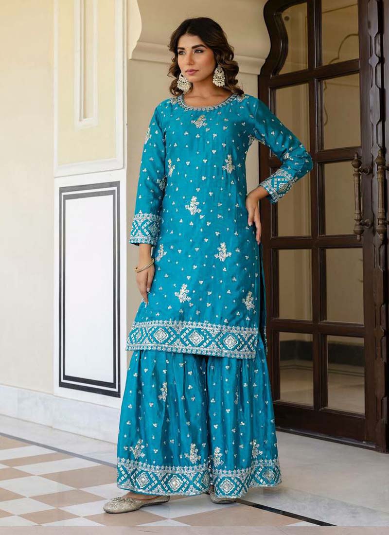 Prazu Fashion Teal Blue Chinon Silk Sequence Sharara Suit | Grocsy