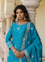 Prazu Fashion Teal Blue Chinon Silk Sequence Sharara Suit | Grocsy
