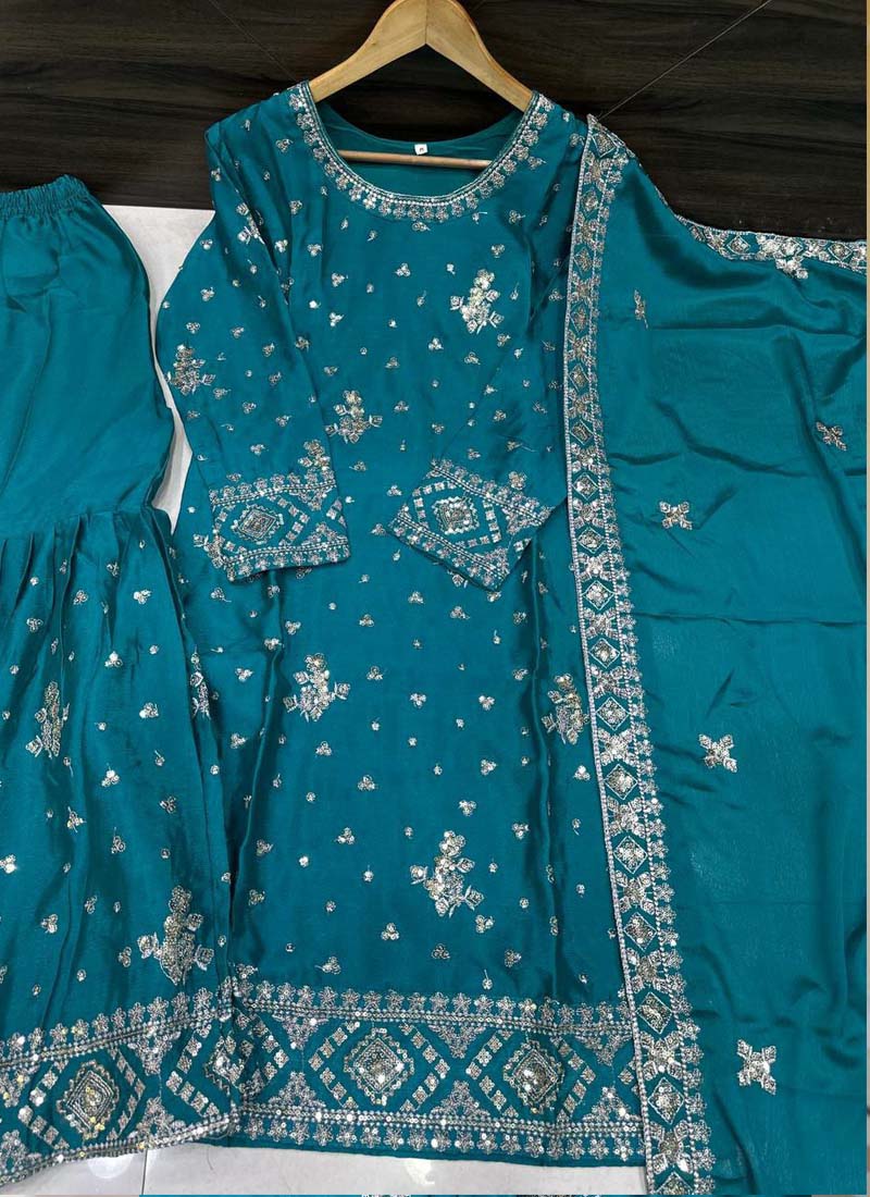 Prazu Fashion Teal Blue Chinon Silk Sequence Sharara Suit | Grocsy