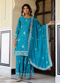 Prazu Fashion Teal Blue Chinon Silk Sequence Sharara Suit | Grocsy