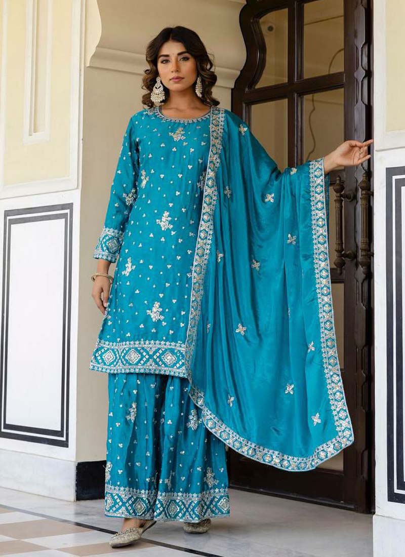 Prazu Fashion Teal Blue Chinon Silk Sequence Sharara Suit | Grocsy