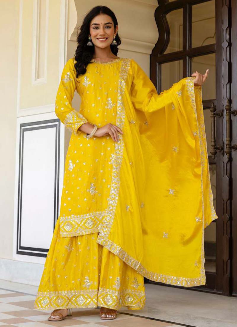 Prazu Fashion Yellow Chinon Silk Sequence Sharara Suit | Grocsy