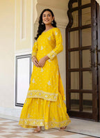 Prazu Fashion Yellow Chinon Silk Sequence Sharara Suit | Grocsy