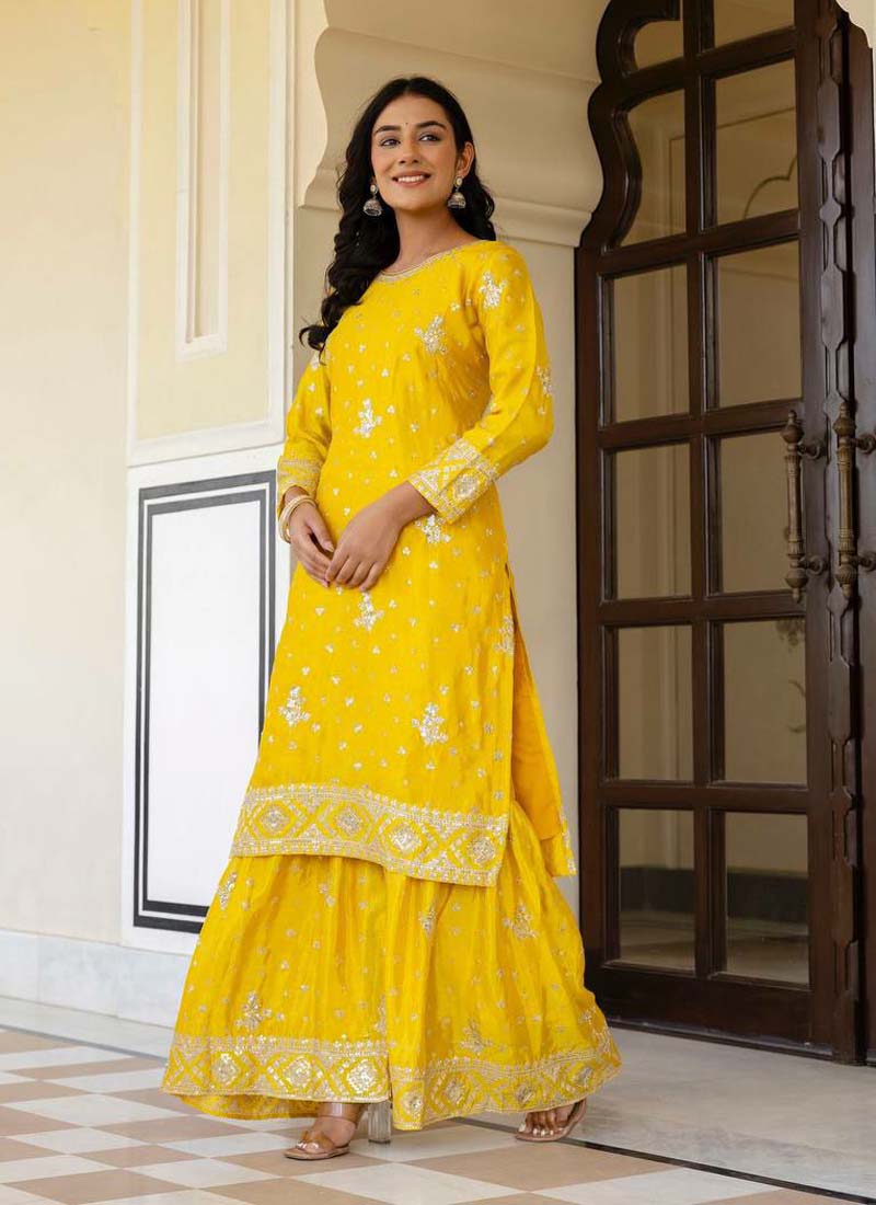 Prazu Fashion Yellow Chinon Silk Sequence Sharara Suit | Grocsy
