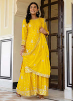 Prazu Fashion Yellow Chinon Silk Sequence Sharara Suit | Grocsy